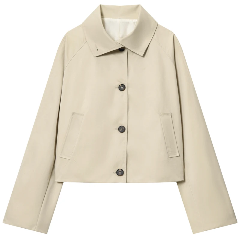 HXAO Waterproof Crop Jacket Women's Jacket Autumn 2025 Casual Beige Short Windbreaker Long Sleeve Outerwears Button Trench Coat