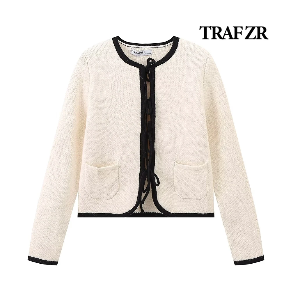 TRAF ZR Cute Sueter De Mujer O-NECK Knit Cardigan Front Lace-up Sweet Vacation Knitwears Woman 2024 Autumn Sweaters Front Bows