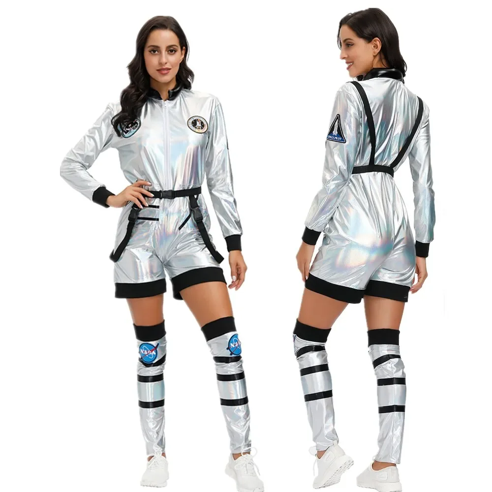 Women Astronaut Costume Adult Silver Spaceman Costume Space Suit Party Dress up Costume Astronaut Suit Halloween Party Jumpsuit