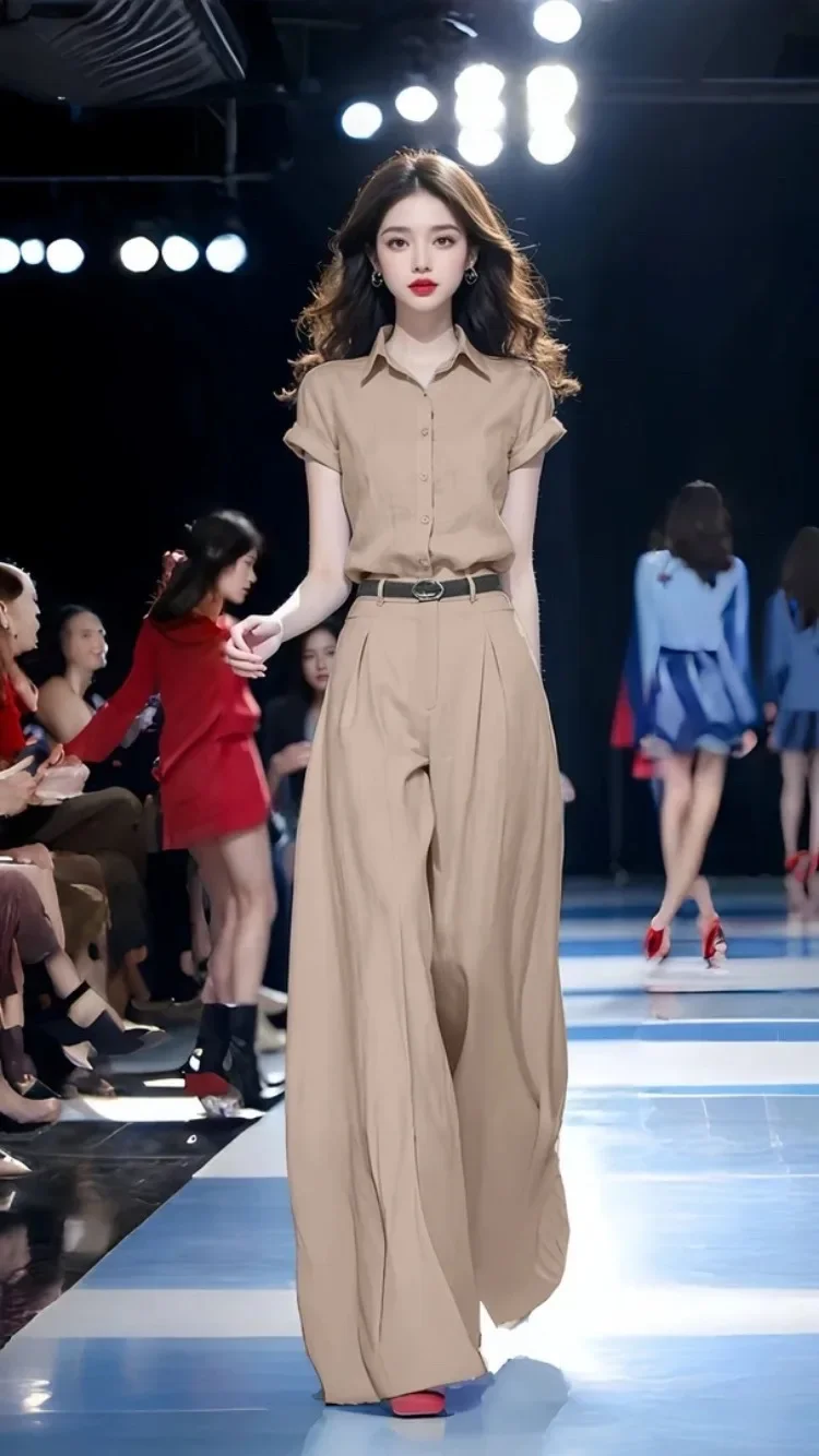 

New Fashion Summer High End Two Piece Set Women Rumway Lapel Short Sleeve Shirt Top + Wide Leg Long Pants Trousers Elegant Suit