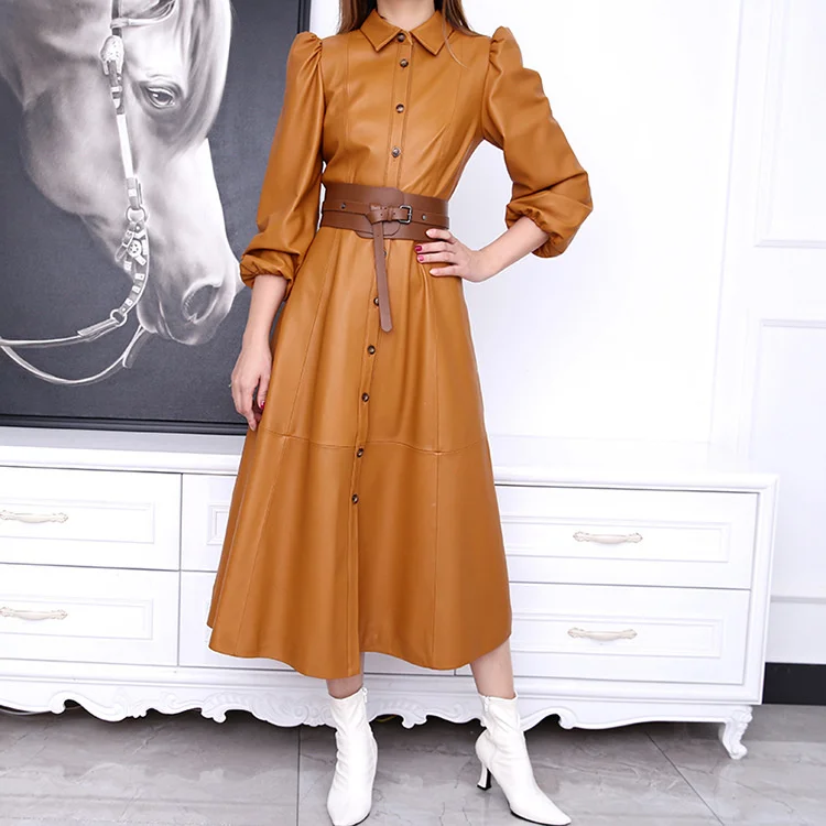 

New Forest Series Genuine Leather Sheepskin Bubble Three quarter Sleeves Tall Waist Slim Large Swing Long Dress Windbreaker