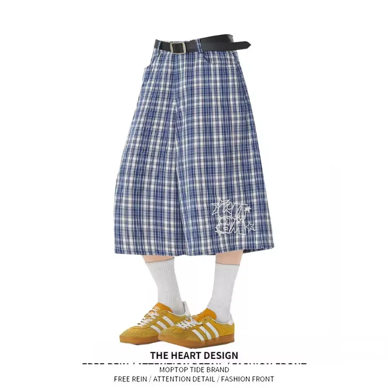 

Retro Green Plaid Embroidered Seven-Foot Pants Men Women Summer Trendy American Street Couples Wide Leg Over-Knee Mid-Pants