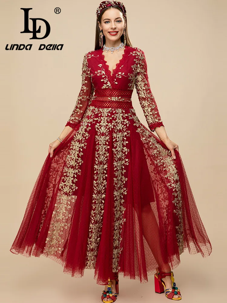 

LD LINDA DELLA 2023 Spring Summer Runway New Mesh Dress Women Wrist sleeve Floral Embroidery Red Vintage Party Long Dress