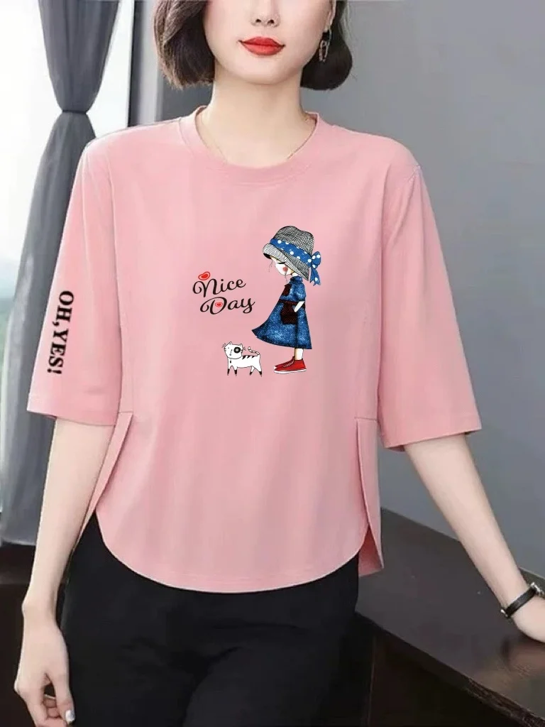 

Свободная удобная футболка с мультяшным принтом и рукавами 3/4 для женщин среднего и пожилого возраста, дышащий топ из полиэфирного волокна с круглым вырезом