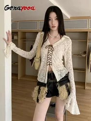 Genayooa Fairycore Lace Up Turn-down Collar Blouse Women Long Sleeve Korean Fashion Autumn 2023 Shirt Slim Thin Women Blousa Y2k