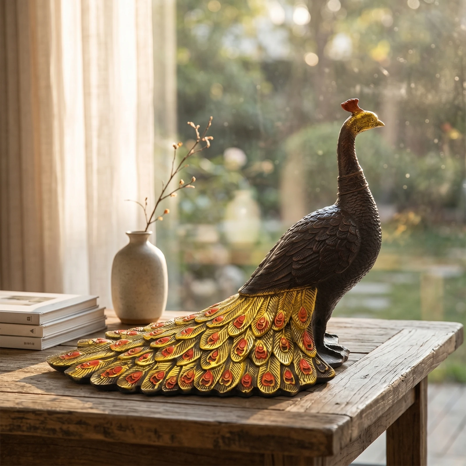 Peacock Figurine Carved Peacock Statue Bird Figurine Decorative Ornament Elegant for Homeowners, Mantel, Shelf view 6