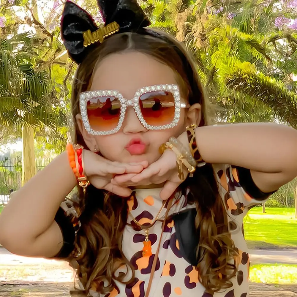 Sparkling Crystal Children Sunglasses Cute Rhinestone Diamond Girls Shades Kids Square Sun Glasses for Beach/Travel/Party