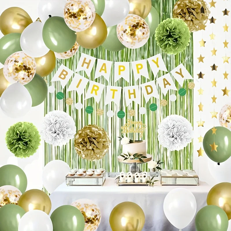 45pcs Sage Green Birthday Party Decoration Olive Green and Gold Balloon Green Neutral Decoration White Happy Birthday Banner