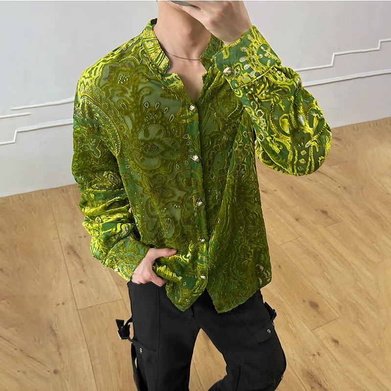 LUZHEN 2026 Autumn Men's Niche Design Velvet Embroidery Pattern Long Sleeve Shirts Elegant Luxury Metal Button Male Tops JY8796