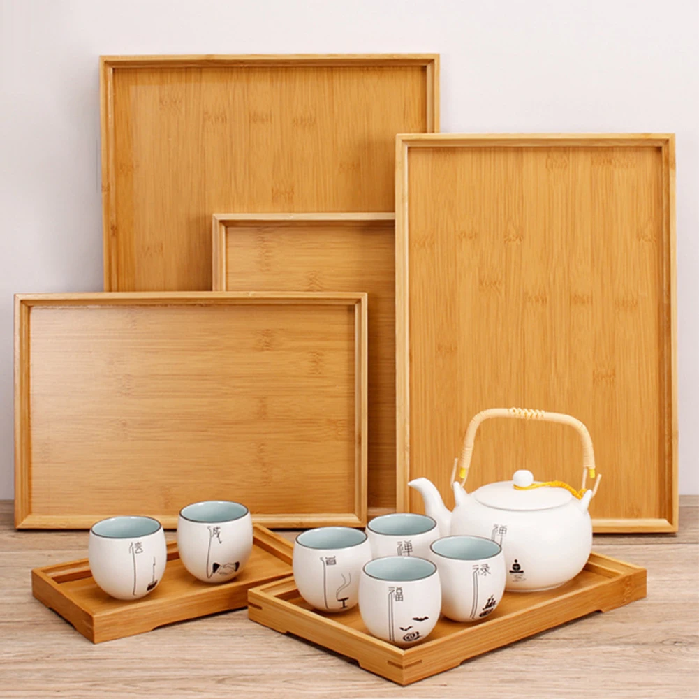 Bamboo Wooden Storage Tray Rectangular Tea Coffee Cup Tray Breakfast Dinner Plate Bread Fruit Cake Food Serving Tray