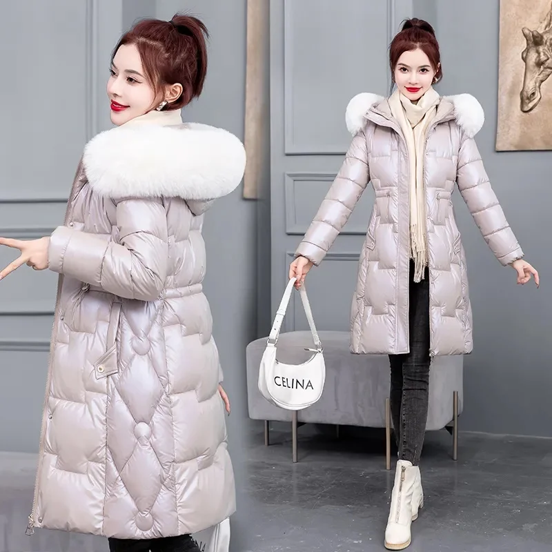 Winter New Glossy Down Padded Jacket Women Long Thick Hooded Cotton Coat Female Big Fur Collar Parkas Coats Korean Loose Jacket