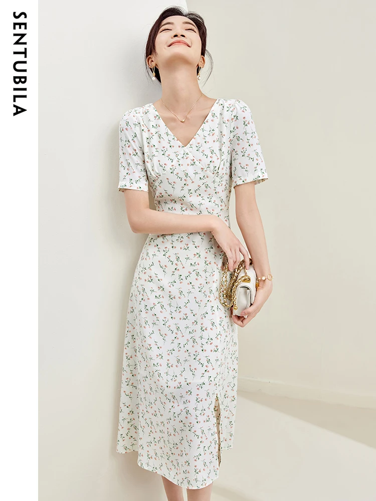 SENTUBILA Romantic Floral Printed Dress Women 2024 Summer New Elegant V-Neck Slim Fit Midi Split Dresses for Woman 132L50044