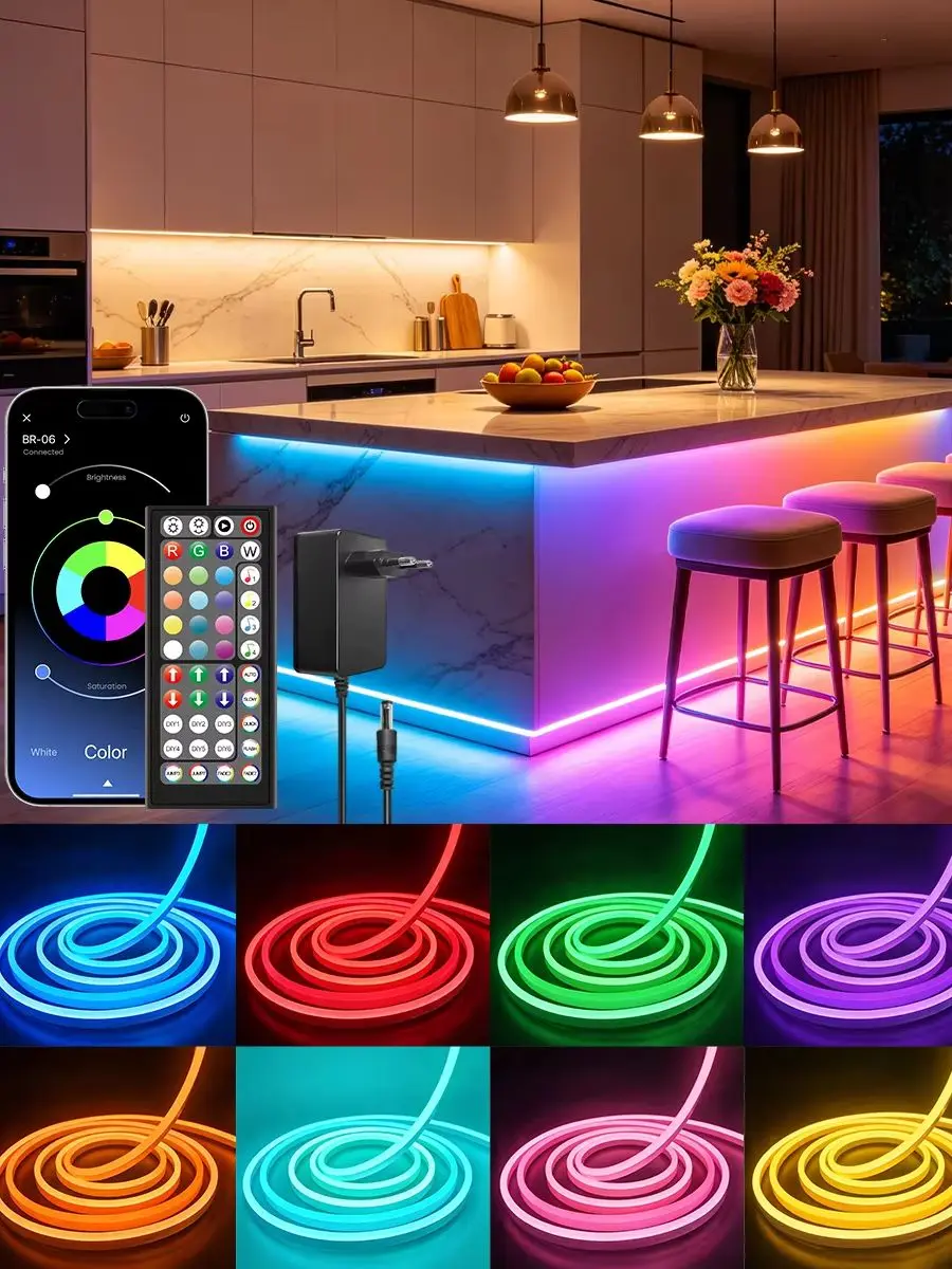 Intelligenter RGB Flexibler Neon-Lichtstreifen mit Doppelsteuerung, 16 Millionen Farben, Musik-Synchronisation, IP65 Wasserdichte LED-Lichterkette für Schlafzimmer und Partydekoration