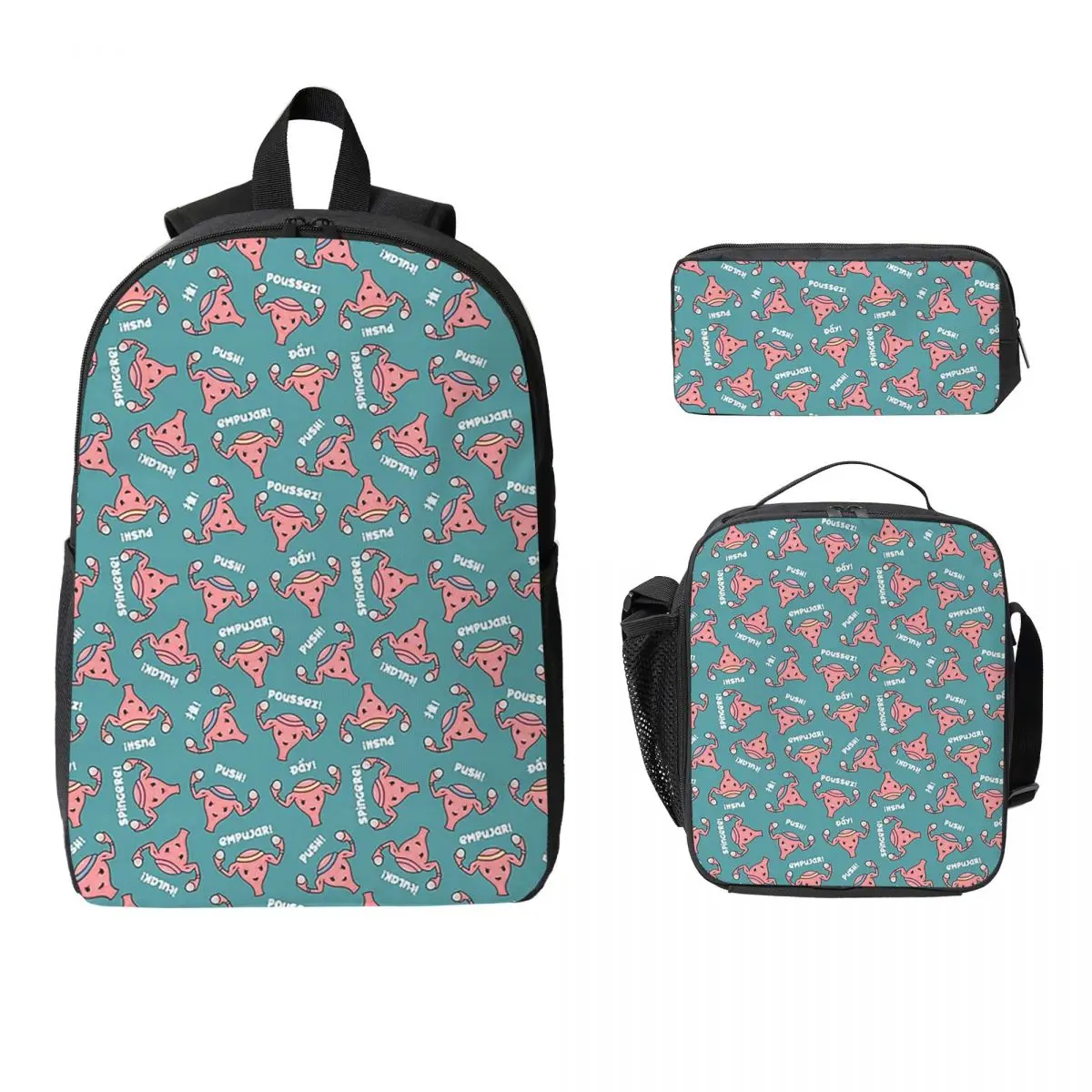 Utero embarazada PUSH Scrubs, enfermeras, miedo, OBGYN Mochila verde azulado Mochila para estudiantes Mochila escolar Bolsa de almuerzo aislada 3ps Estuche para lápices
