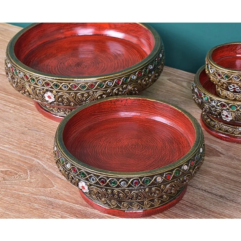 Thai solid wood offering Buddha tribute plate Buddha front offering fruit plate Buddha table  high foot  plate o