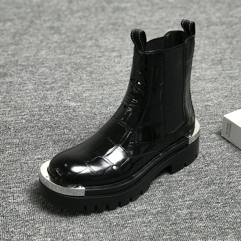 High Quality Mens Derby Boots High Top Metal Toe Cap Slip on Work Ankle Boots Chunky Sole Business Casual Shoes Fashion Footwear view 5