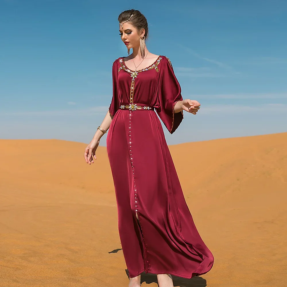 

Eid Djellaba Satin Abayas for Women Luxury Dubai Kaftan Diamonds Evening Party Dress Turkey Kaftan Ramadan Islam Jalabiya Gown