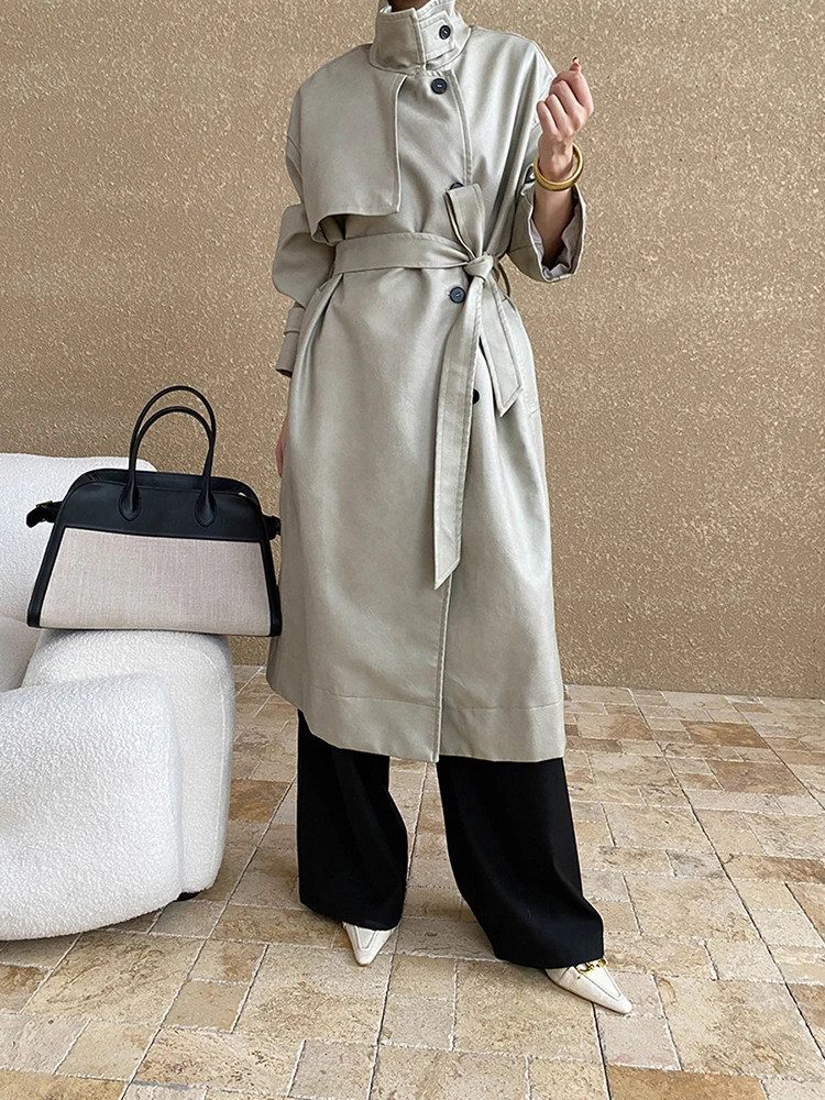 PU Leather Coffee Belted Big Size Long Jacket New Lapel Long Sleeve Women Coat Fashion Tide Spring Autumn