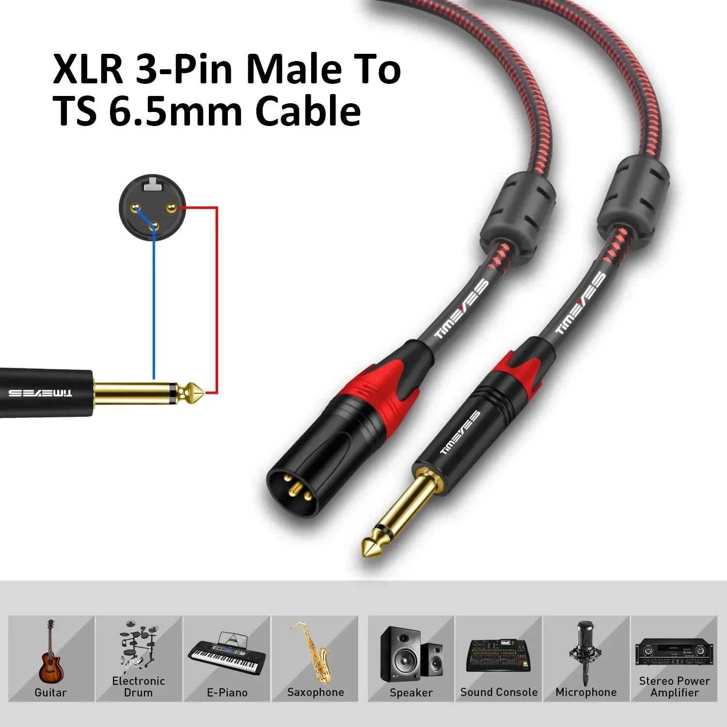 Kabel audio XLR męski na 6,35 mm XLR 3-pinowy męski na 1/4 TS męski Niezbalansowany przewód mikrofonowy do gitary Wzmacniacz basowy Płytka miksująca