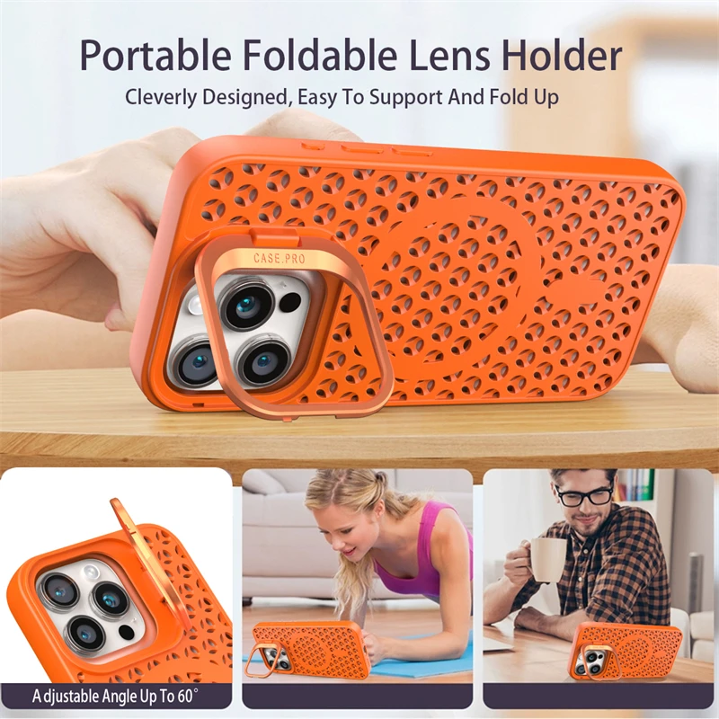 Luxury Camera Fold Holder Case For iPhone 16 15 14 Plus 12 13 11 Pro Max For Magsafe Wireless Charge Heat Dissipation Soft Cover
