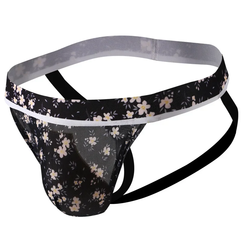 Men's Floral Mesh Jockstrap, Breathable Printed Thong with Wide Waistband Gays Erotic U Pouch Low Waist Open Buttocks Underpants