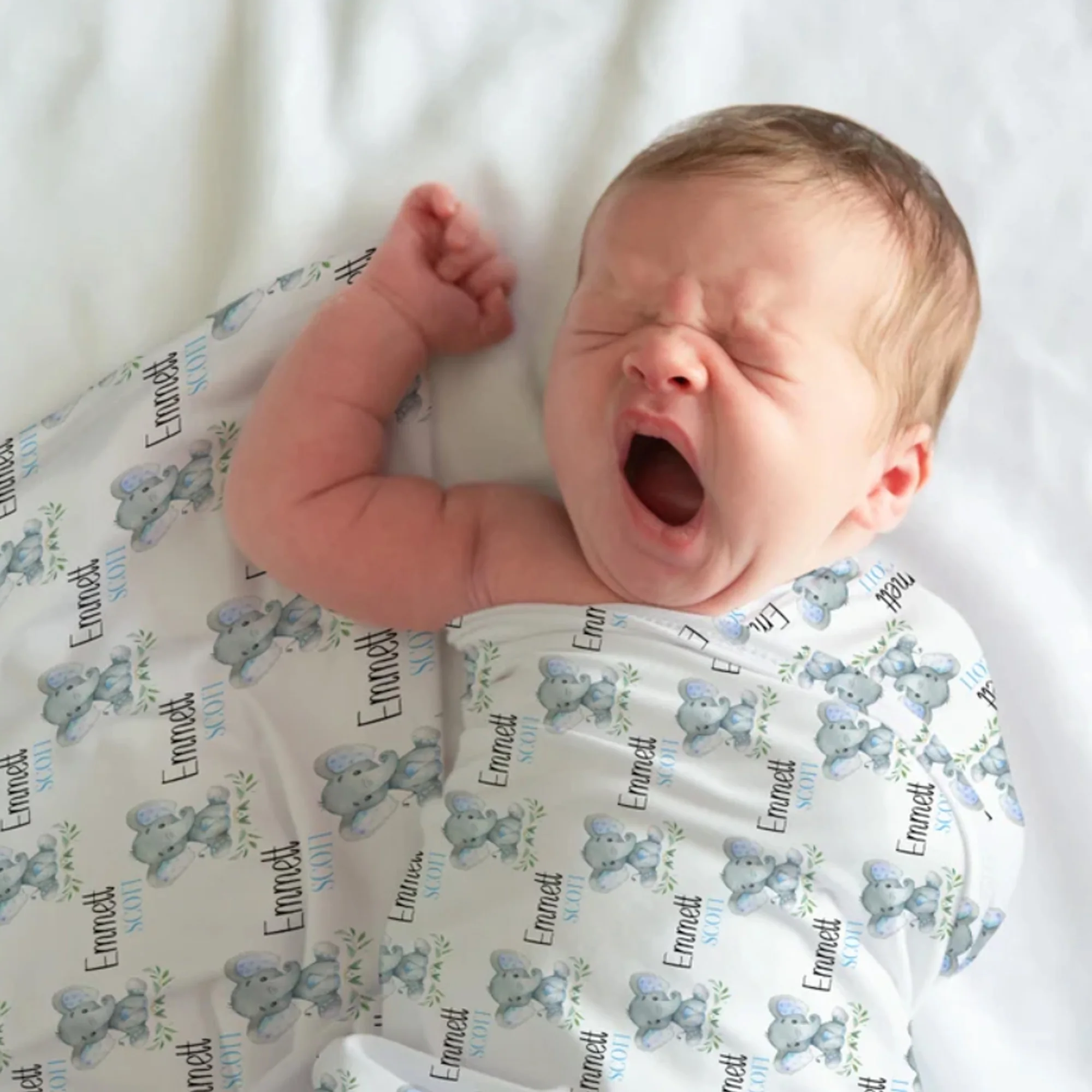 مجموعة غطاء وسادة الطفل على شكل فيل باسم شخصي من UOOPOO، مجموعة بطانية قماط الفيل، قبعة الطفل، قماط القوس والطفل