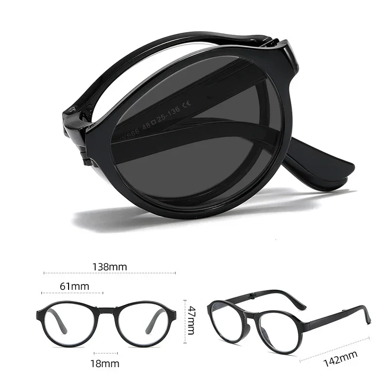 Round Frame Color Changing Reading Glasses with Box New Style Folding Photochromic Presbyopia Sunglasses with Diopter 0 To +4.0