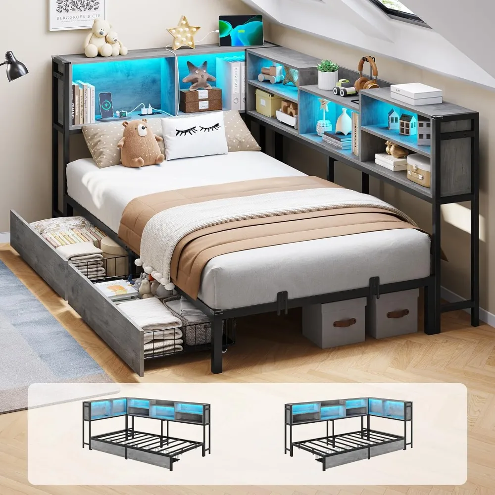 

DICTAC Corner Twin Bed Frame with Bookcase Storage and Led Lights Metal Platform Beds with 2 Drawers and Charging Station Twin S
