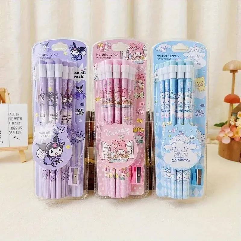 12PCS Sanrio Hello Kitty Cinnamoroll Cute Cartoon HB Pencils, 12 Pencils & 1 Pencil Roller Stationery Box Set, Writing & Drawing