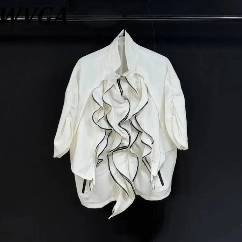 

WVGA Summer New Men's Ruffled Multi-Zipper Trendy Short Sleeve Shirt Niche Stylish Casual Draped Stand-Up Collar Tops Ins W23842