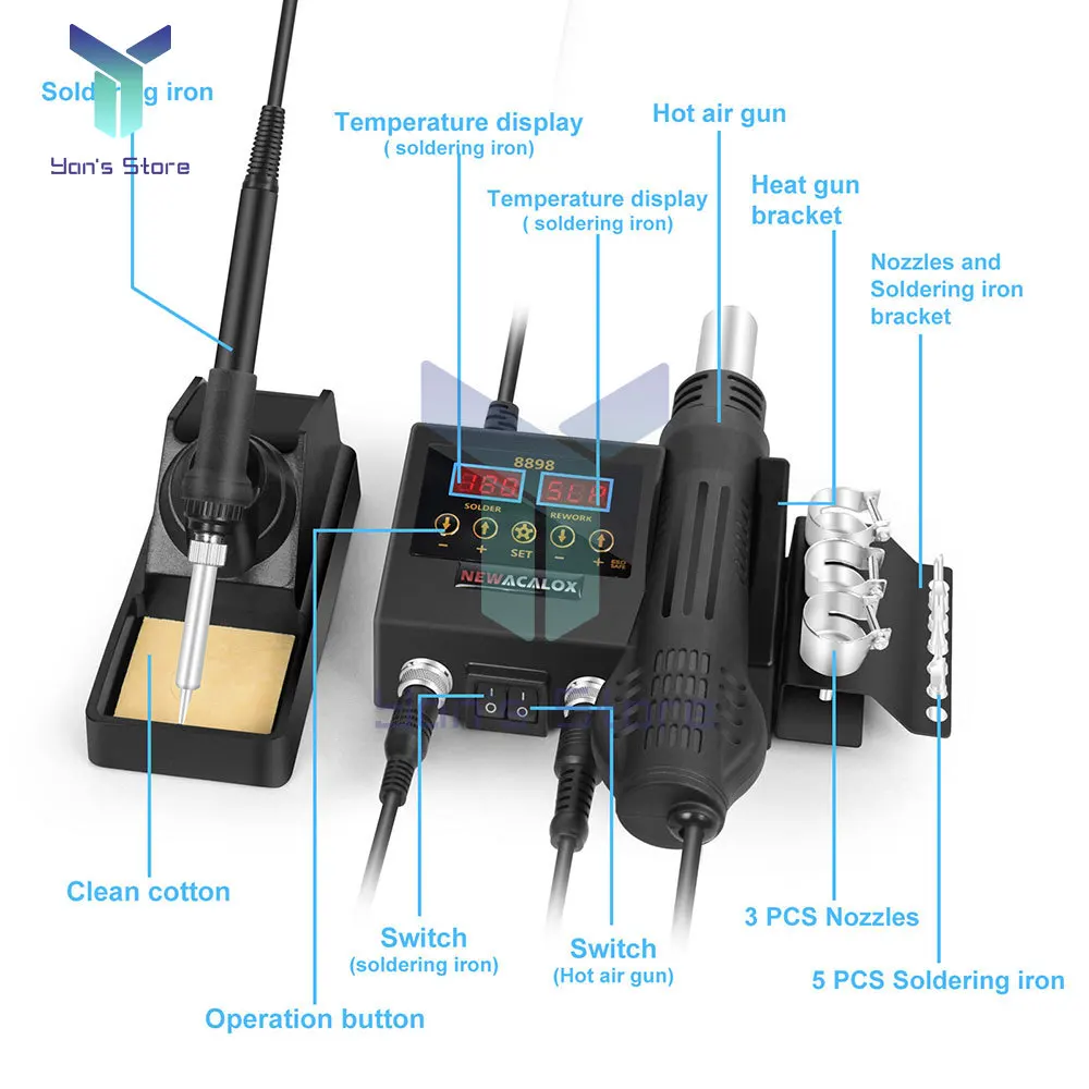 8898 SMD Rework Soldering Station 2 In 1 Hot Air Soldering Iron LCD Digital Display Welding Station For BGA PCB IC Repair Tool