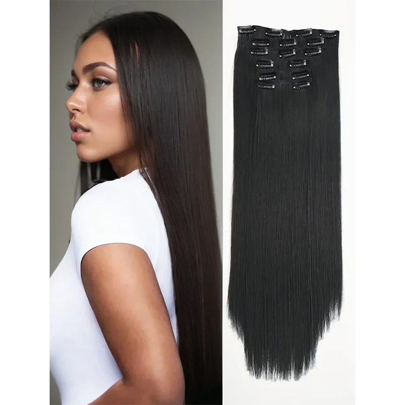 24Inchs 16 Clips in Hair Extensions Long Straight Hairstyle Synthetic Blonde Black Hairpieces Heat Resistant False Hair