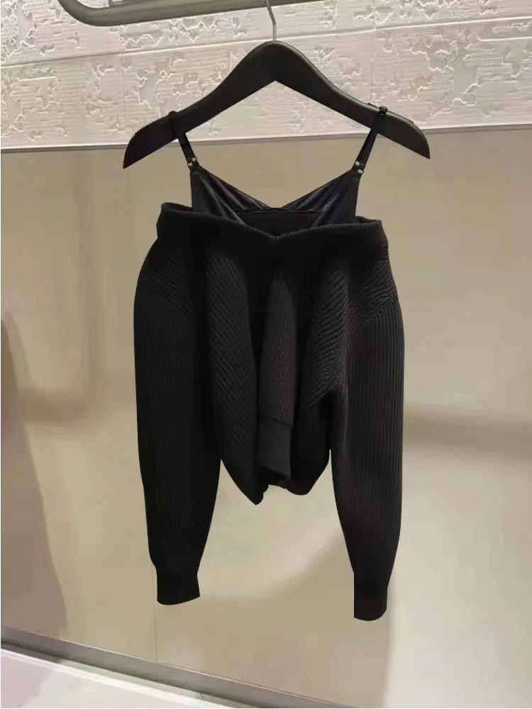 Zoci-Camiseta de punto con tirantes y cuello en V para mujer, traje Sexy de dos piezas con hombros descubiertos, de alta calidad, para vacaciones de otoño e invierno, Wang Dawang