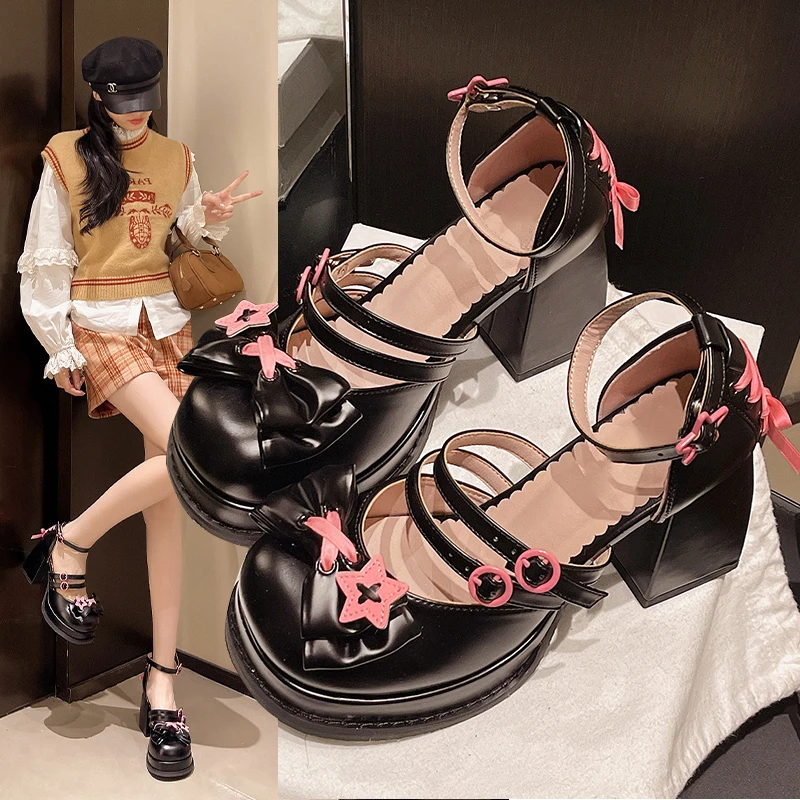 

Новинка 2023 года, непромокаемые женские туфли на высоком каблуке на платформе, осенние туфли Мэри Джейн на толстой подошве с узлом-бабочкой на массивном каблуке