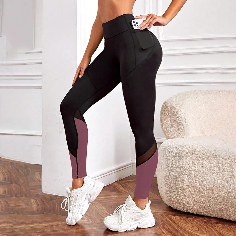 Colorblocked High Waist Yoga Pants with Pockets Leggings for Women Tummy Control Workout Leggings for Women