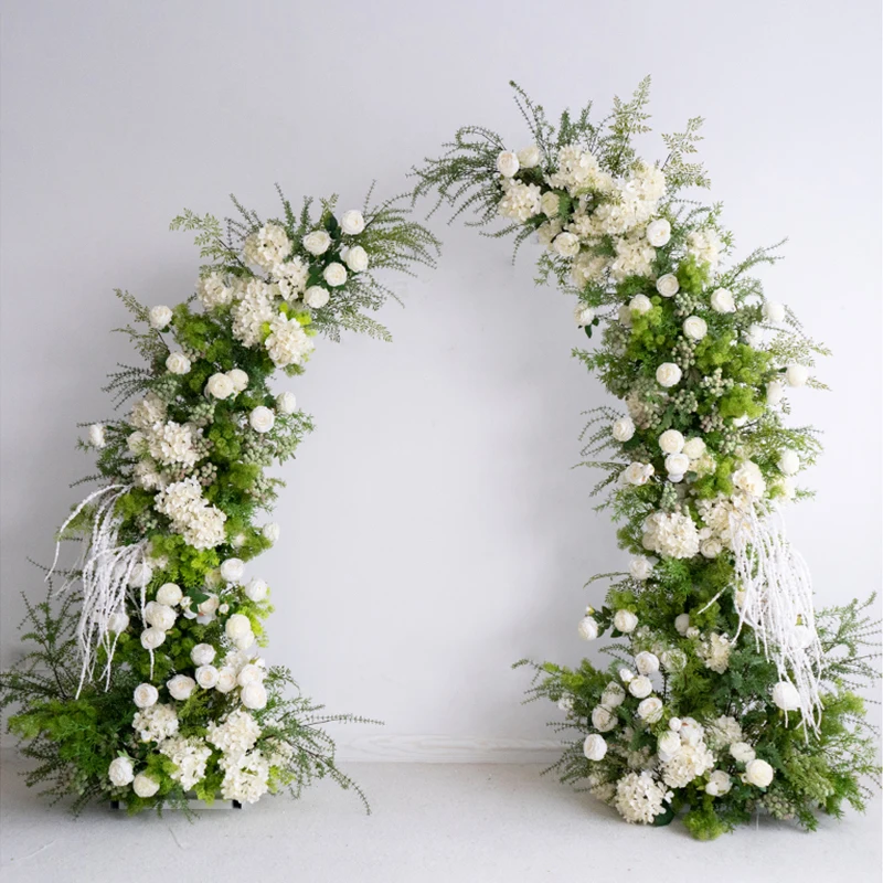 أوراق النباتات الخضراء وخلفية صف الزهور البيضاء للزفاف ، حامل قوس القرن ، ممر المسرح ، لوازم الترتيب ، ديكور الأرضيات #3