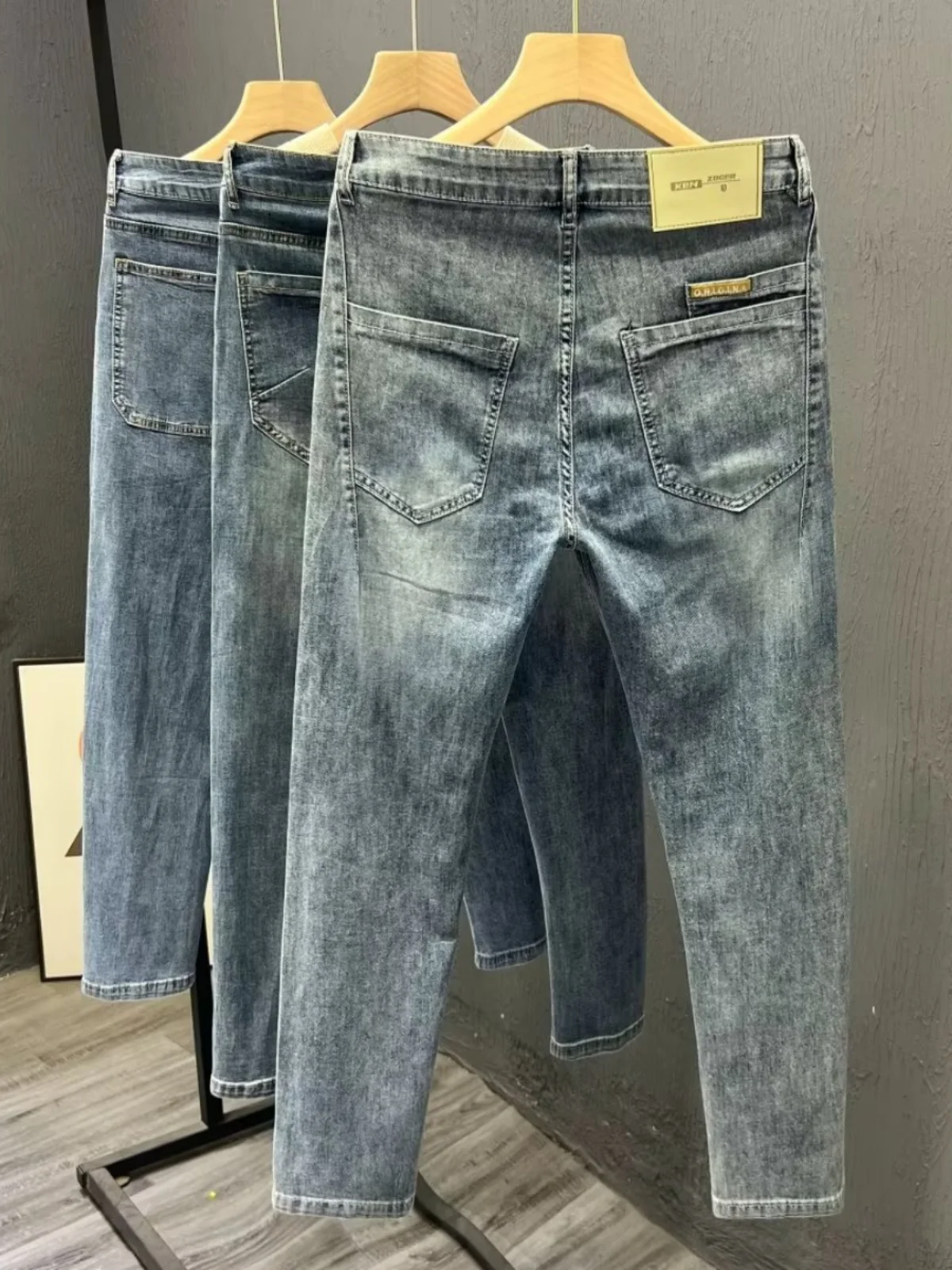 Celana Jeans Biru Waed Retro Pria Kualitas Tinggi Celana Sembilan Titik Mode Musim Gugur Trendi Slim Fit Denim Melar Katun Remaja