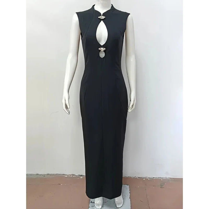 Robe Maxi sans manches découpée pour femmes, élégante, fermeture éclair, col mi-haut, taille haute, moulante, robes longues de soirée en boîte de nuit