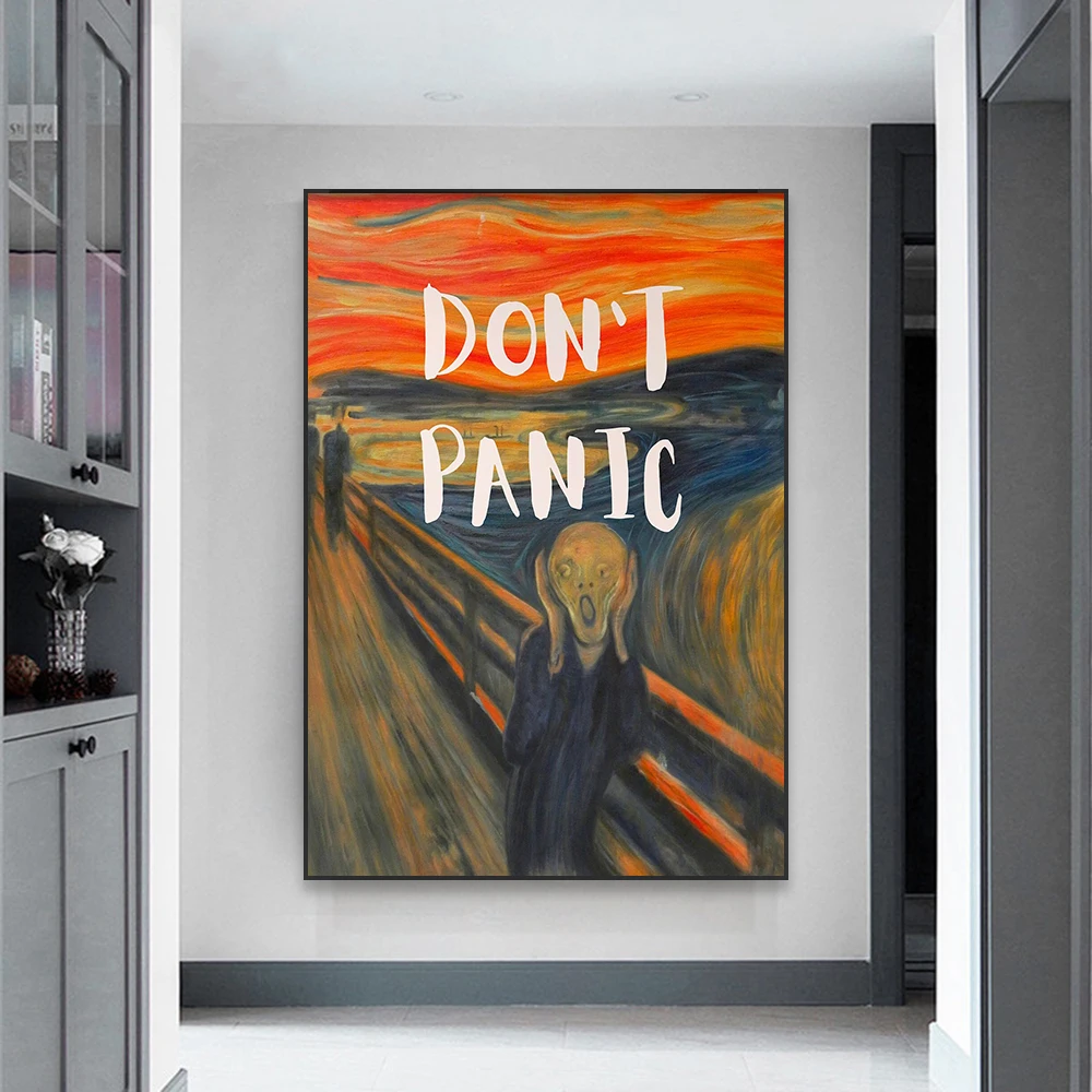 Funny Vintage Altered Oil Painting Prints Retro White Quote Canvas Painting The Scream Don't Panic Art Poster Home Bedroom Decor