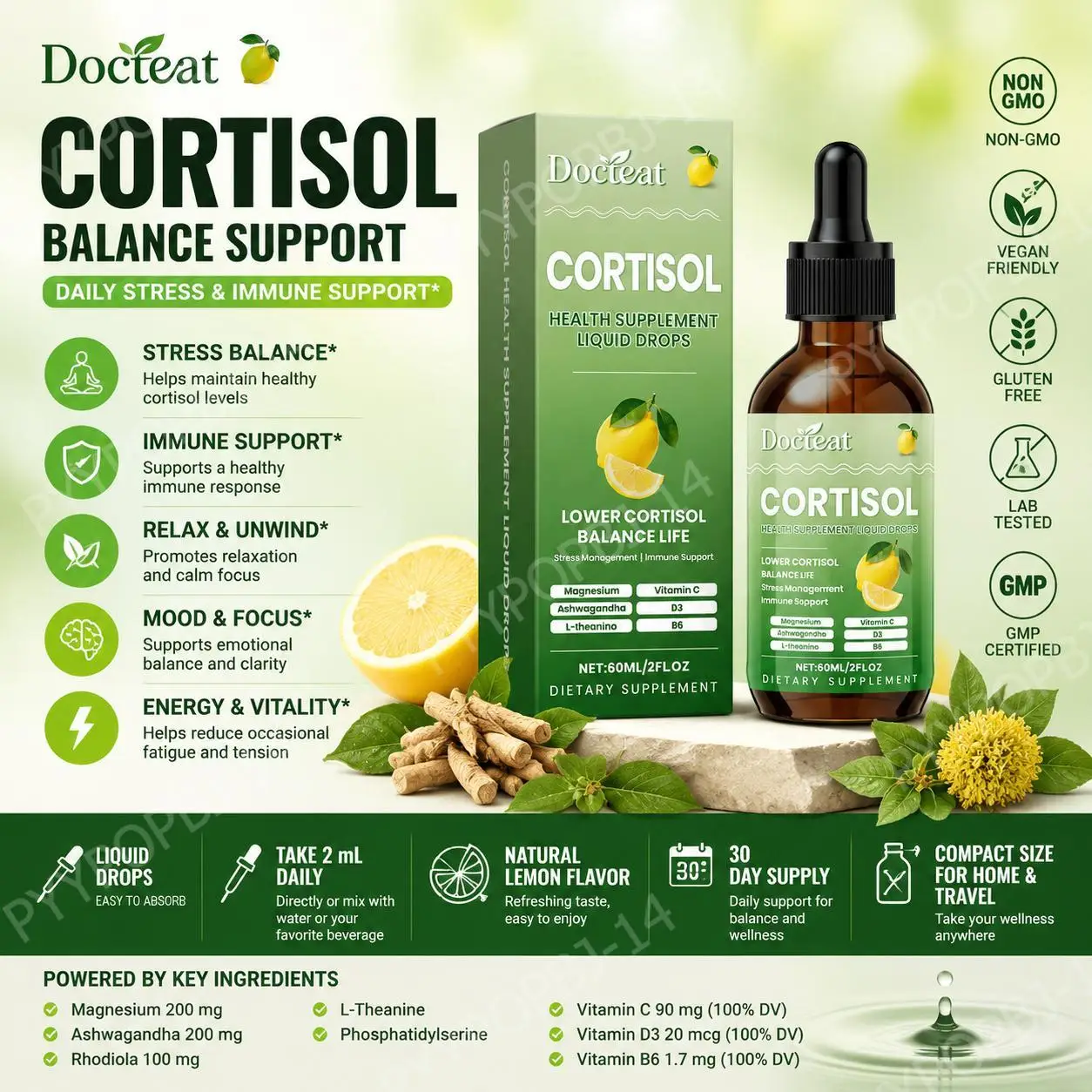 Docteat Cortisol Balance Liquid Drops with Ashwagandha Rhodiola and Magnesium for Stress Relief and Calm Focus Relaxation 60 ML