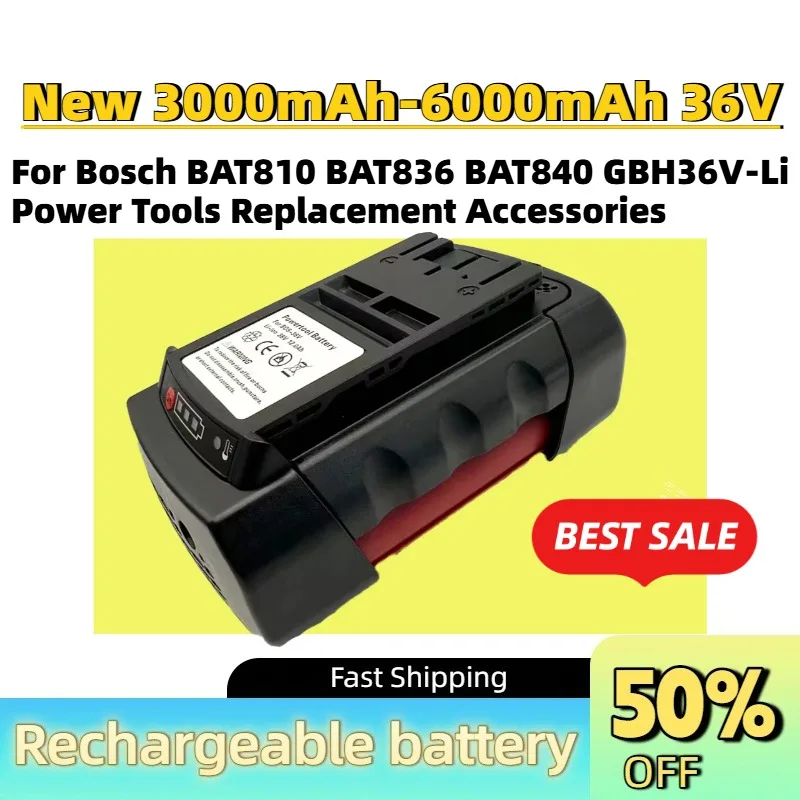High-capacity New 3000-6000mAh 36V Li-ion Battery for Bosch BAT810 BAT836 BAT840 GBH36V-Li Power Tools Replacement Accessories
