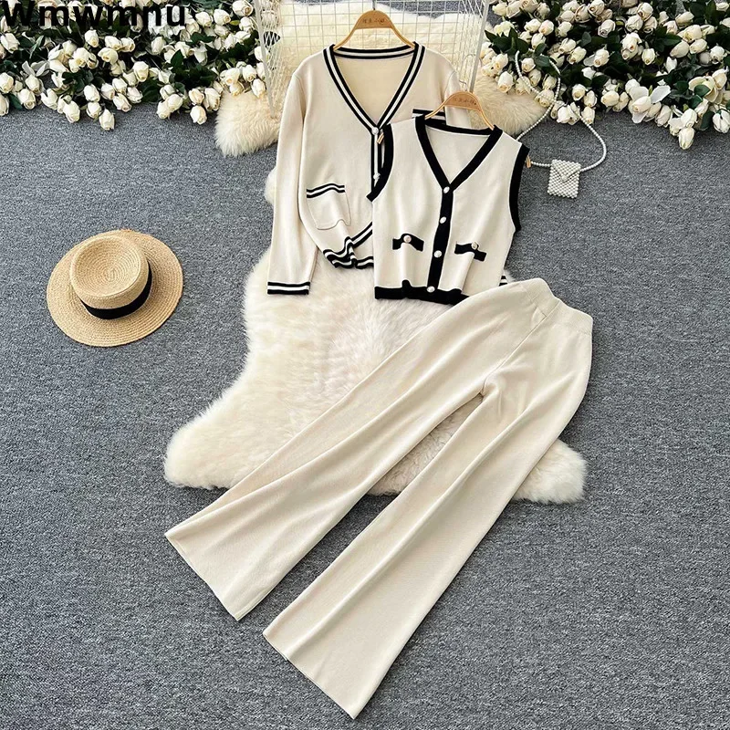 أنيقة محبوك المرأة 3 قطعة مجموعات سترة معاطف القمم Conjunto كوريا عالية الخصر بنطال ذو قصة أرجل واسعة الزي سليم سترة دون أكمام دعوى #2