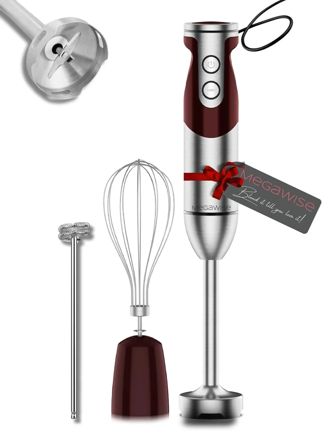 

3- In-1 Immersion Hand Blender, Powerful Motor & Stainless Steel Stick Blender, 4 Sharpe Blades With Whisk, Milk Frother