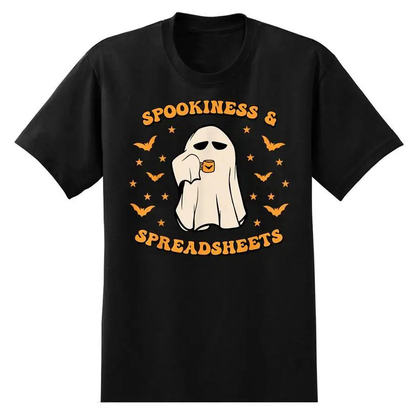

Funny Spookiness & Spreadsheets T-Shirt, Halloween Ghost Office Humor Tee, Unisex Accountant Gift Casual Graphic Top