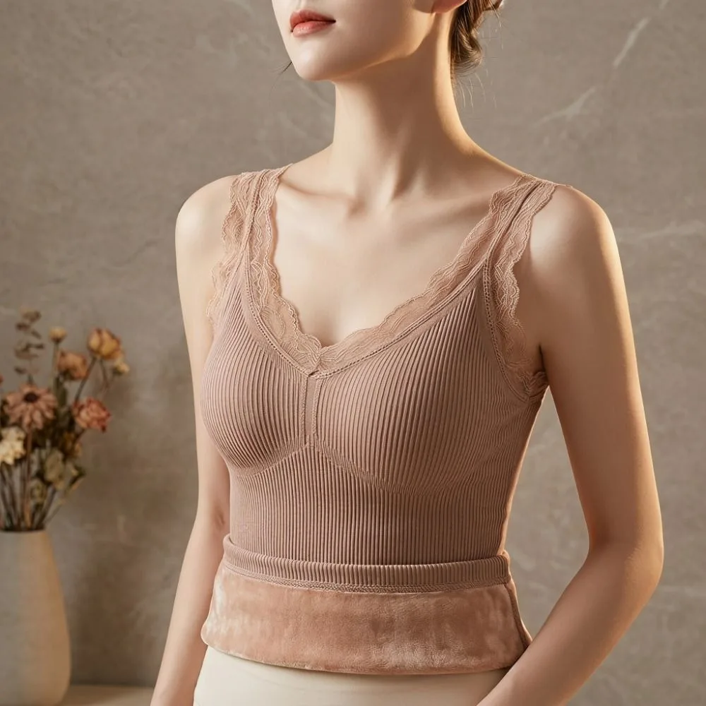 Elasticity Lace Thermal Underwear Sleeveless Thicken Warm Base Layer Vest Plush Seamless Heating Cami Top Bottoming Clothing