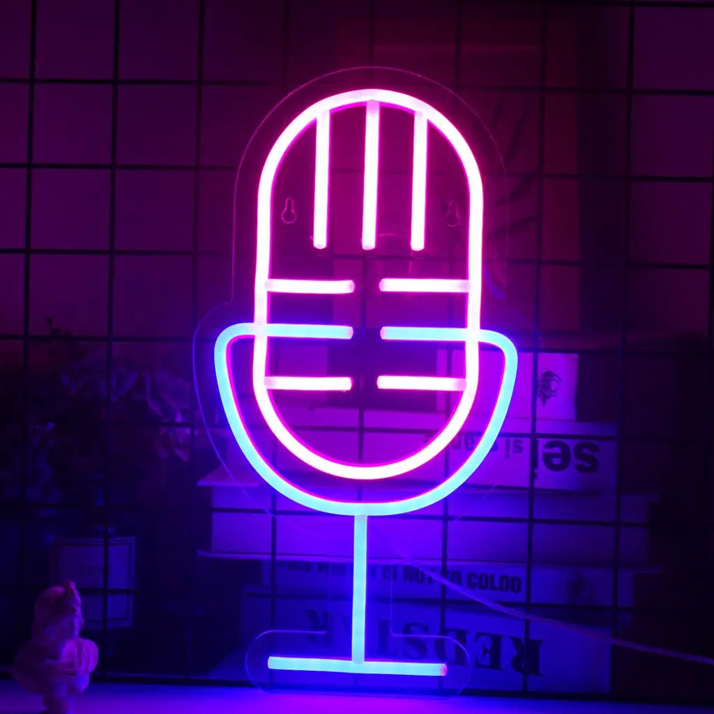 Microphone Pink Neon Night Lights Party Music Studio ART Dining Room Bedroom Home Wedding Decoration Wall Decoration Neon Lights