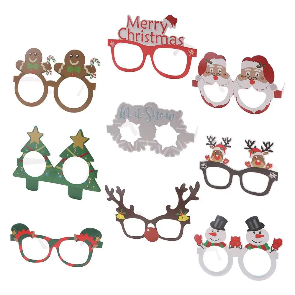 9pcs/set Cartoon Santa Claus Paper Glasses Santa Claus/Snowman/Christmas Tree Papper Snowflake Elk Glasses Foldable