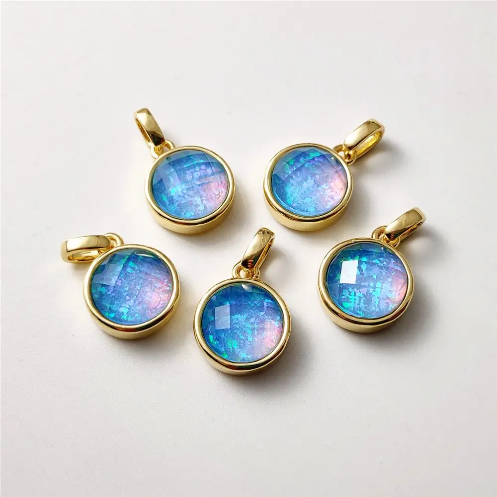 FUWO Wholesale Round Blue Opal Pendant,Golden Plated Cladding Synthetic Opal Glass Accessories For Jewelry Making 5Pcs/Lot PD278