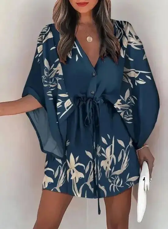 2025 American Women's Cross Border Summer New Product Fashion Print V-Neck Lace Up Casual Vacation Dress Fashion Tops 7W2D