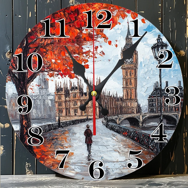 Wooden Wall Clock with Artistic London Scene Print - Perfect for Adding a Touch of Elegance to Your Space